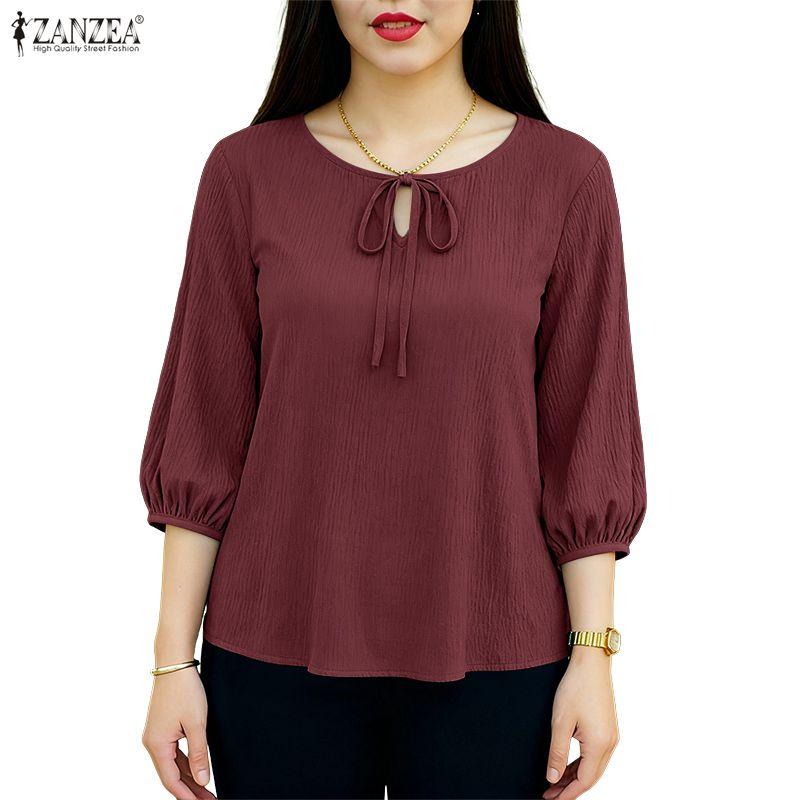ZANZEA Women Casual Round Neck 3/4 Sleeve Loose Blouse