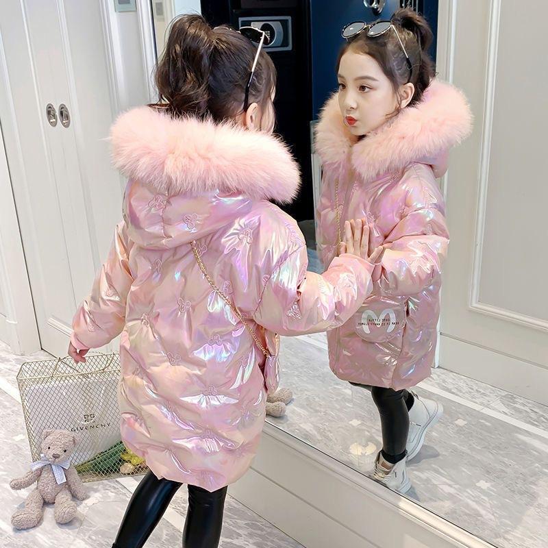 Thicken Casual Jackets Kids Winter Glossy Coats Baby Girl Plush Hooded Outerwear Children Zipper Parkas Fashion Cute Overcoat