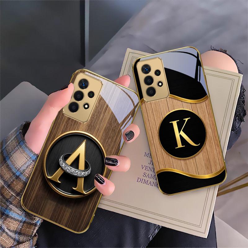 Luxurious emblem letters For Samsung A 01 52S A04 A05S A10 A12 13 22 23 24 36 42 M02 Note 10 20Ultra 8 9 Golden glass phone case