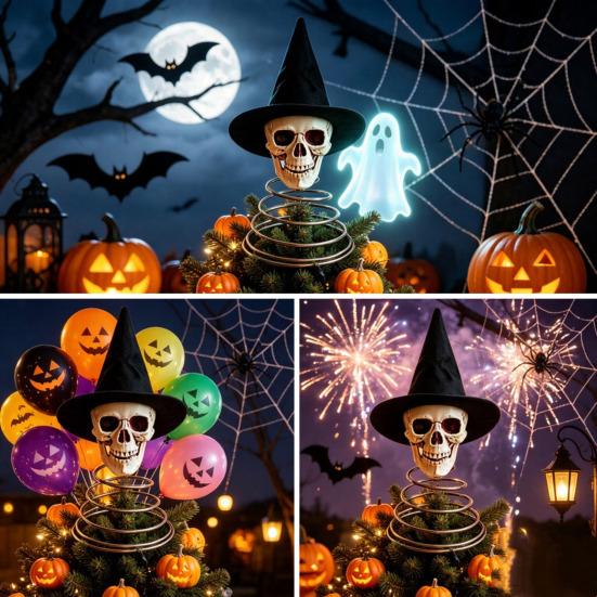 Distressed Resin Skull Topper Halloween Witch Hat Tree Topper, Gothic Skeleton Figurine for Versatile Party Decor, Spooky Festive Home Ornament, Trick