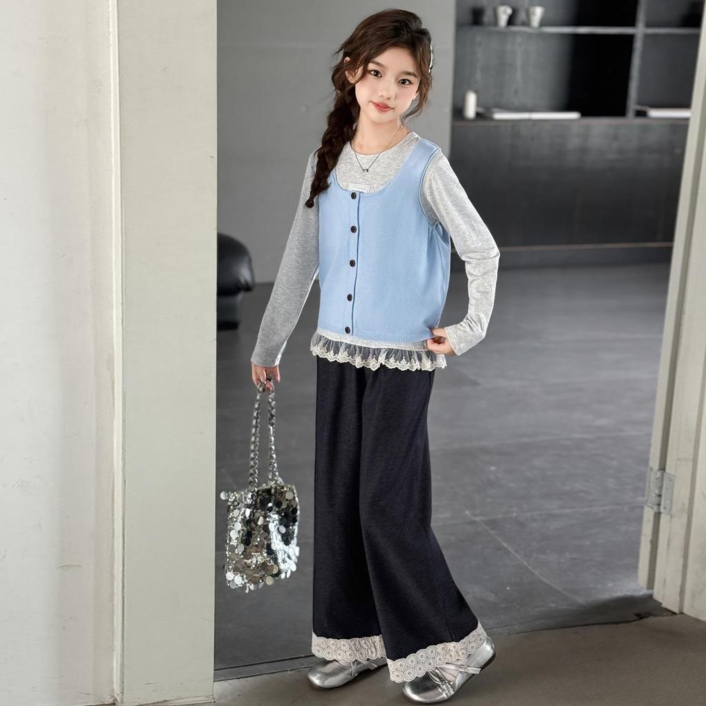 2025 Girls' Spring & Autumn Korean-Style Lace Fashion Three-Piece Set
