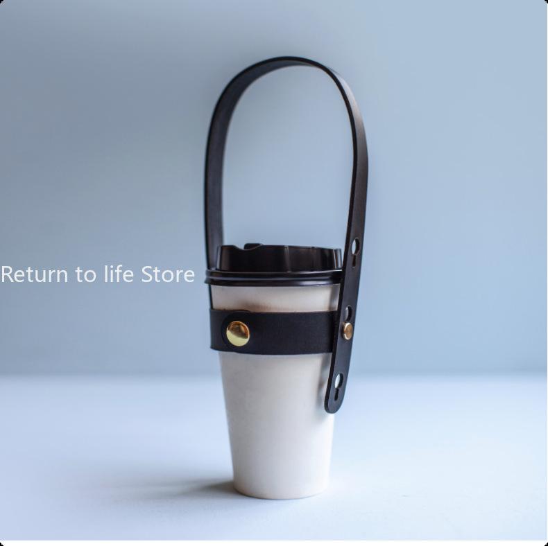 

Genuine PU Leather Coffee Cup Sleeve Carrier with Handle Portable Heat Insulating Holder for Travel Camping Bubble Tea Tumbler