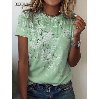 Damen T-Shirt mit Blumenmuster, kurzärmelig, 3D-Blumen-Print, Streetwear, Sommer, lockerer Rundhalsausschnitt, lässig, atmungsaktiv