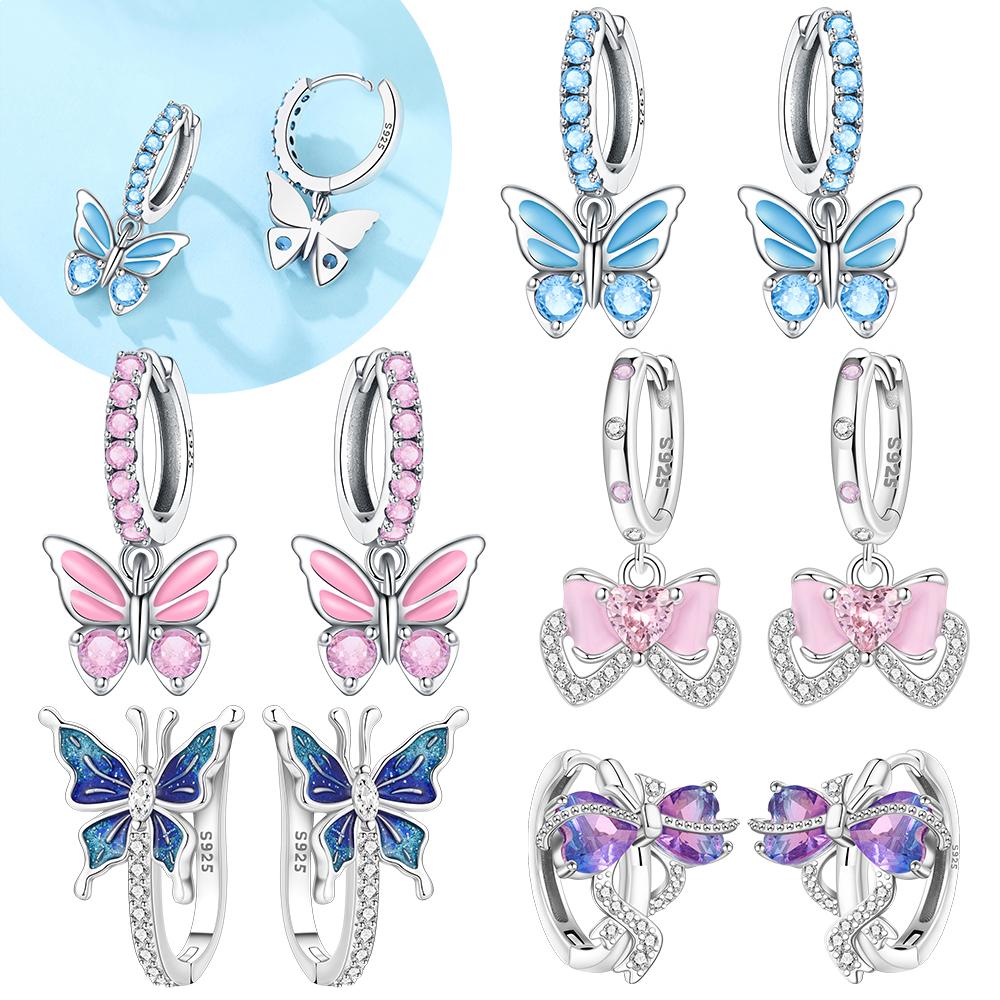 925 Silver Purple Heart Butterfly Earrings Pink Bows Blue Zircon Earring Women's Accessory Earrings Fine Valentine Gift Jewelry