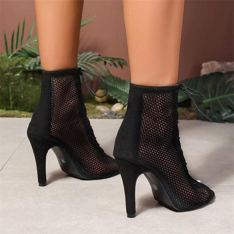 Stiletto Heel Cutout Fish Mouth Cold Boots Women's Open Toe Lace-up Breathable Booties Party Wedding Dance Shoes