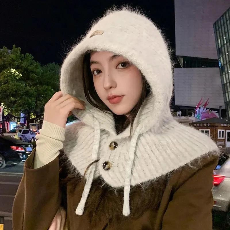 Women's Autumn Winter New Knit Hat With Scarf Collar Warm and Stylish Polar Fleece Beanie Hat For Outdoor Activities