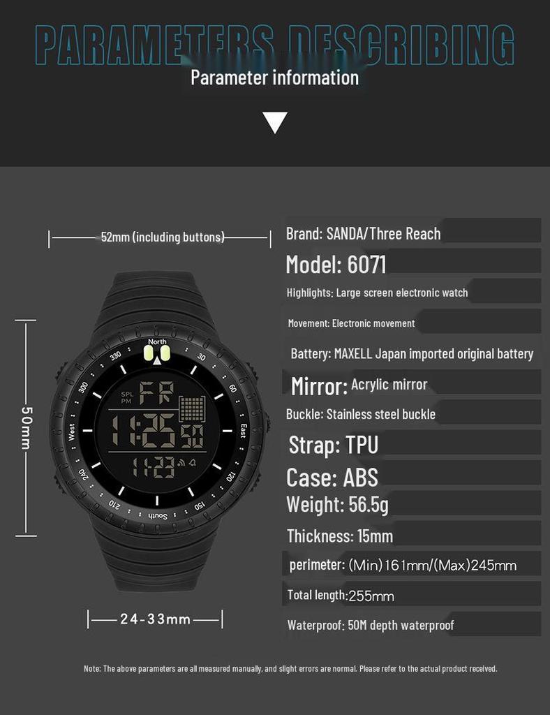 Sanda Cold Light Large Screen Waterproof Digital Sports Watch