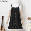 VONDA Summer Women Strap Sleeveless Solid Color Lotus Leaf Hem Casual Thin Mini Dress