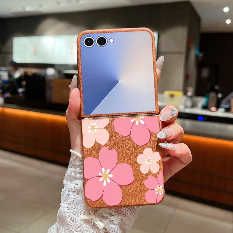 Fresh Style Cherry Blossom Pattern Case For Samsung Z Flip 7 6 5 4 Leather Texture Folding Fhone Cover For Galaxy Z Flip7 Flip6 Flip5