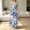 Sleeveless Blue & White Porcelain Maxi Dress,Elegant Vintage Vacation Dress with Flowy Skirt & Comfy Fabric Ideal for Daily Casual