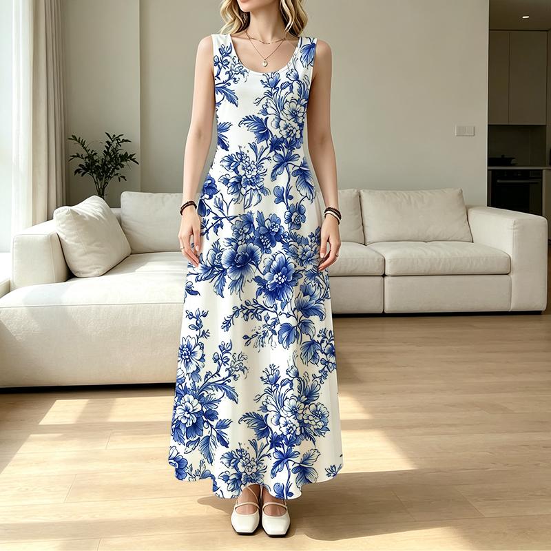 Sleeveless Blue & White Porcelain Maxi Dress,Elegant Vintage Vacation Dress with Flowy Skirt & Comfy Fabric Ideal for Daily Casual