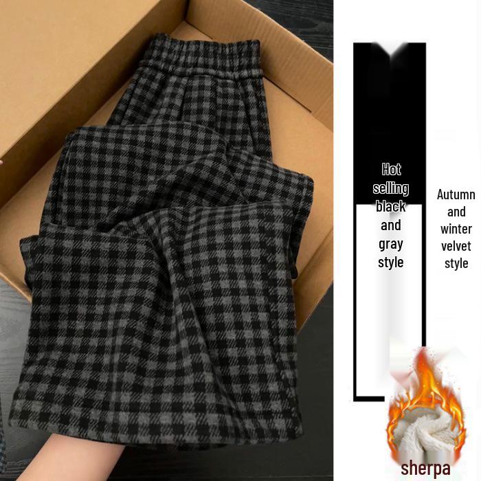 

Plus Size Women s Wool Plaid Wide-Leg Pants M-6XL, American Retro Style, Thickened with Velvet, Autumn-Winter Relaxed Fit. 3XL