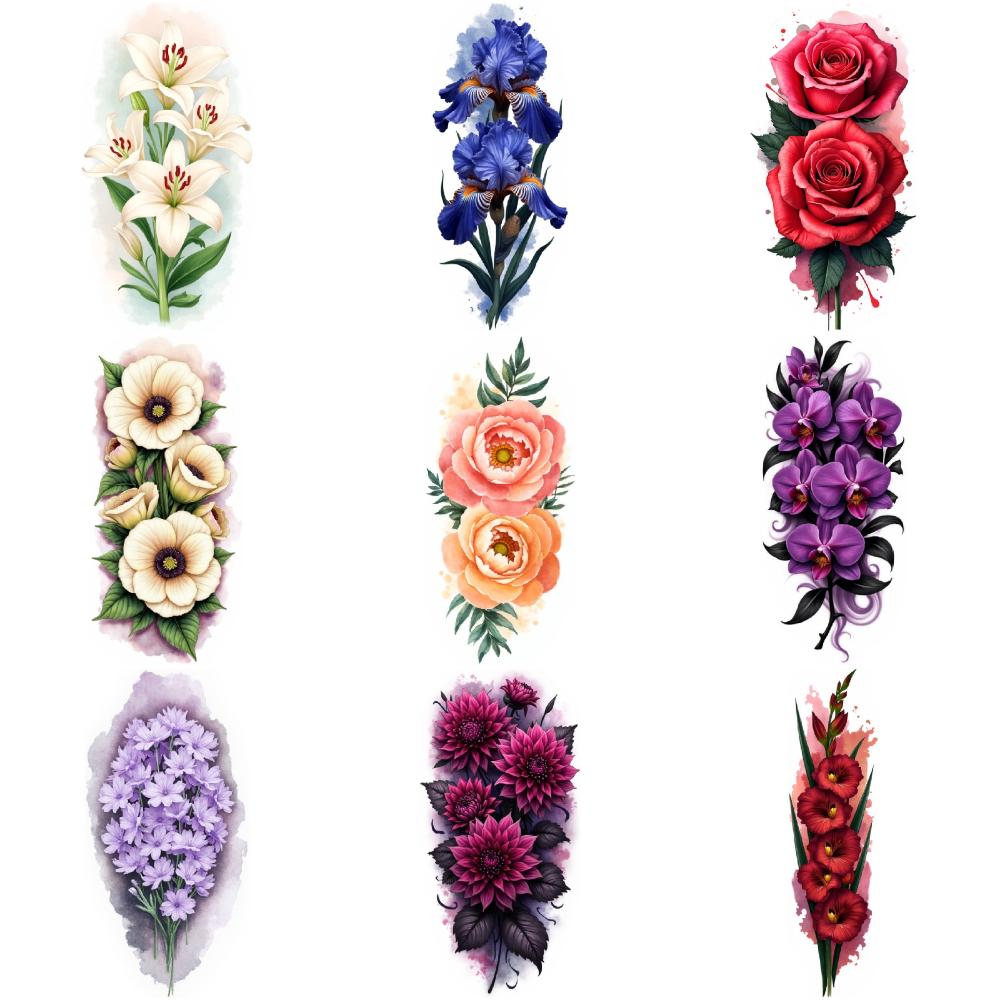 9pcs Temporary Tattoo Waterproof Long-lasting Body Stickers Sunflowers Peonies Orchids For Back Adult Male