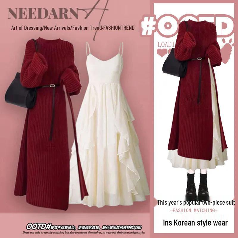 Chic Tea-Inspired Midi Sweater Dress: Autumn/Winter Lazy Style with Slit Design