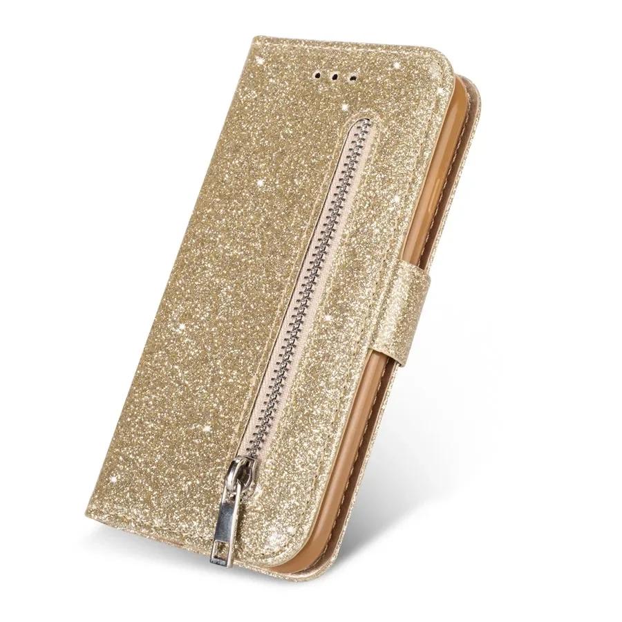 Portemonnee Bling Glitter Magnetische Flip Rits Leer Hoesje Voor Samsung Galaxy S24 FE S23 Ultra S22 Plus S21 S20 FE S10 20 10 9 Samsung Note 10