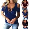 Women Off Shoulder Lace Up Short Sleeve Slim Fit T Shirt Casual Solid Basic Top for Everyday Wear Without Color Description