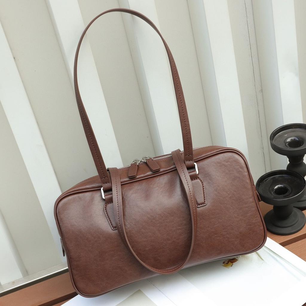 Vintage Underarm Bag Bowling Bag Tote Bag Original Niche Head Layer Cowhide Women's Bag High-grade Leather
