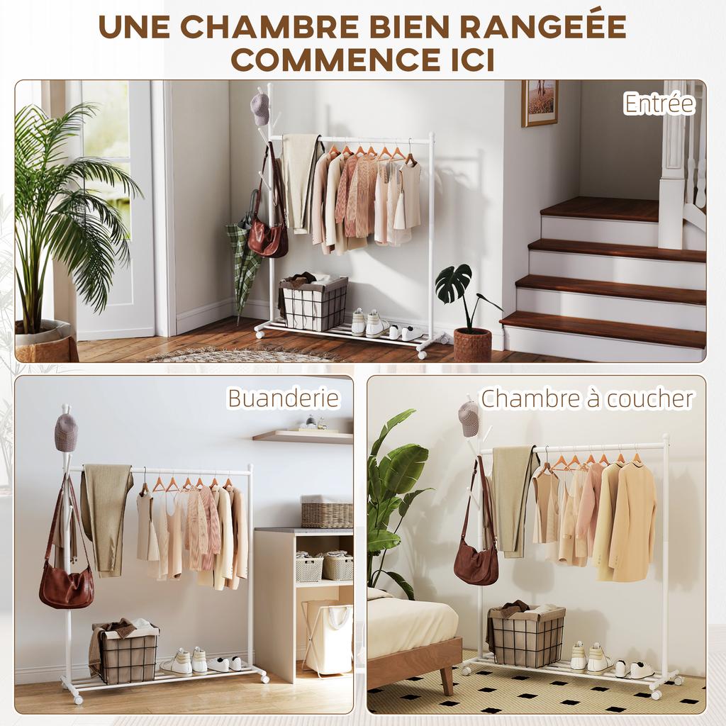 Coat Rack on Wheels with Shoe Shelf and 5 Hooks, 120x43x171cm, White