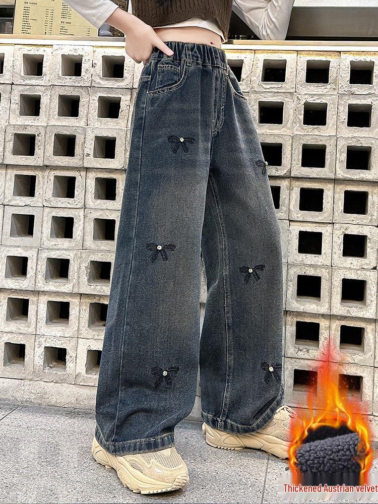 Girls' 2025 Fleece-Lined Wide-Leg Denim Pants - Autumn/Winter Style