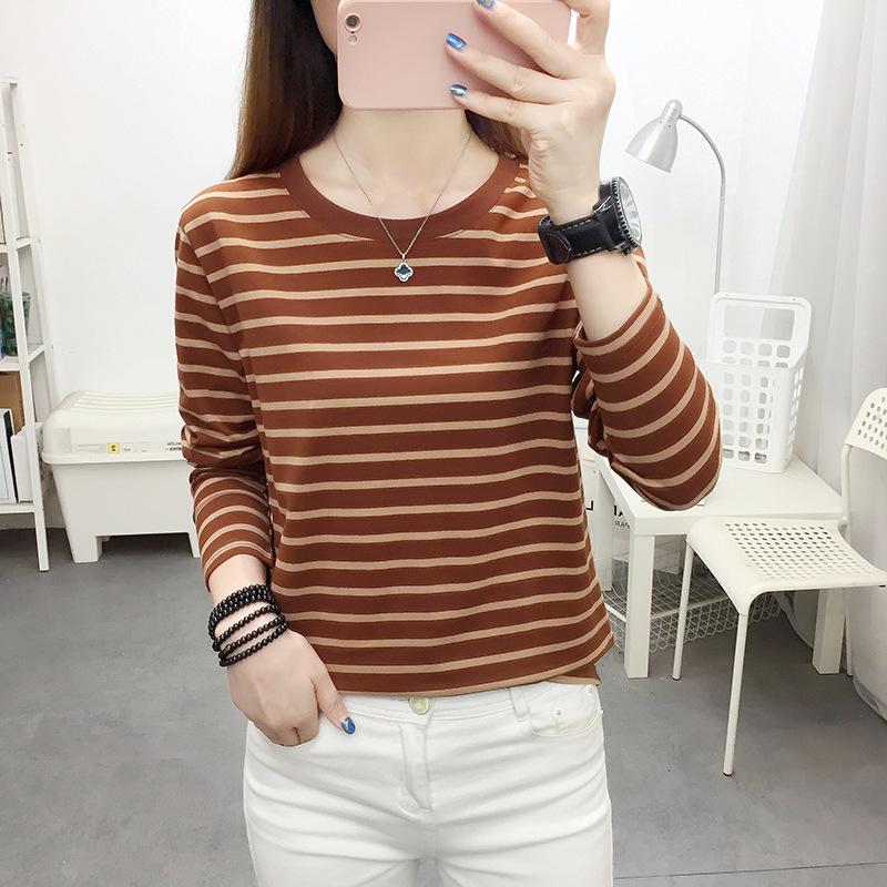 Fashion Women Stripe Top Stylish Long Sleeve Tops Round Collar Pullover Tops T-shirt Lady
