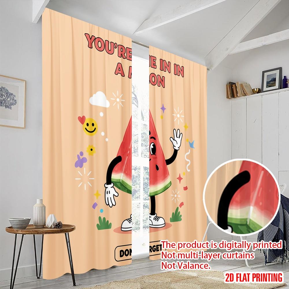 2pcs 2D flat printing Scene Curtains Melon Cute Funny Character 100% Polyester Without Electricity Birthday Party for Bedroom