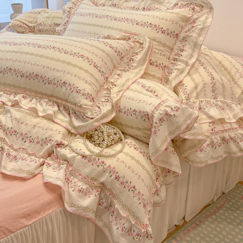 3/4Pc Korean Princess Style Floral Ruffles Bedding Set Single Queen Size Soft Skin-friendly Washed Cotton Duvet Cover Pillowcase
