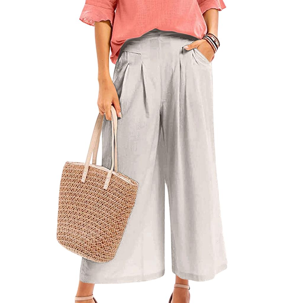 Women's Casual, Stylish, Loose-fitting, High-waisted, Cropped Cotton-linen Wide-leg Culottes