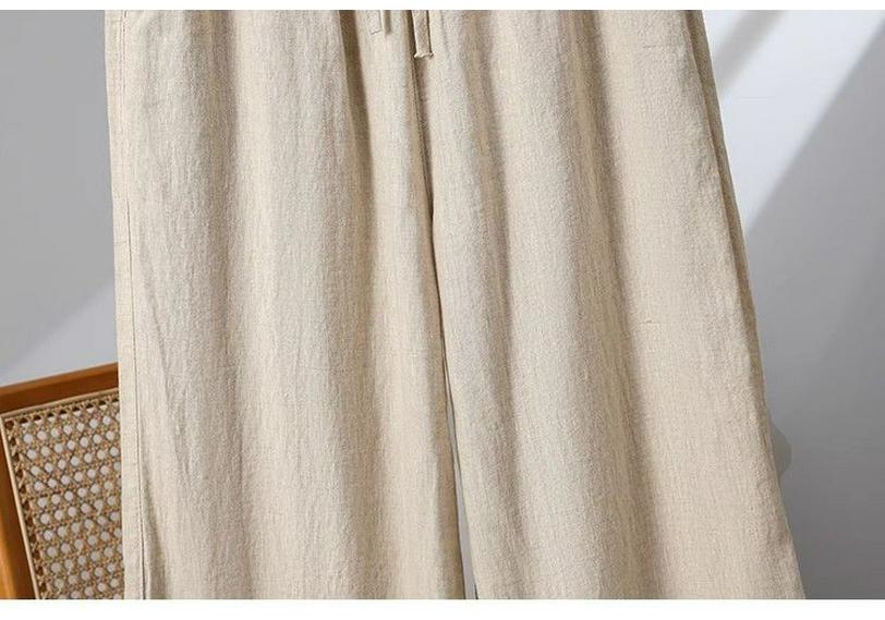 Hohe Taille Baumwolle Leinen Damen Weite Beine Verkürzte Hosen - Koreanischer Stil, Große Größen, Kordelzug, für Frühling, Sommer, Herbst