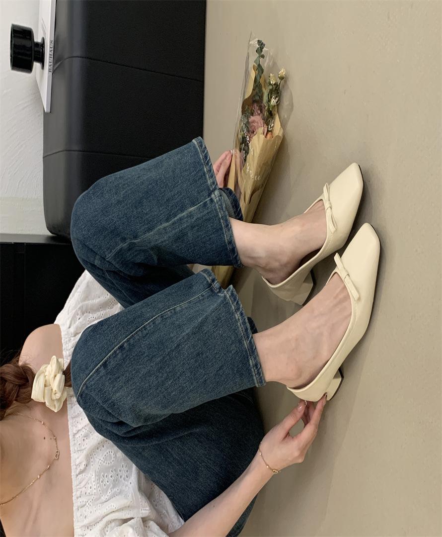 

Leather version~ French retro bow flat bottom shallow mouth commuting single shoes women s one-pedal grandma shoes ladyshoes 39 абрикосовый