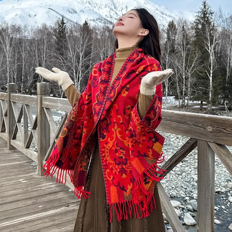 Womens Winter Oversized Shawl Wrap Scarf Boho Ethnic Print Faux Cashmere Warm Blanket With Tassels