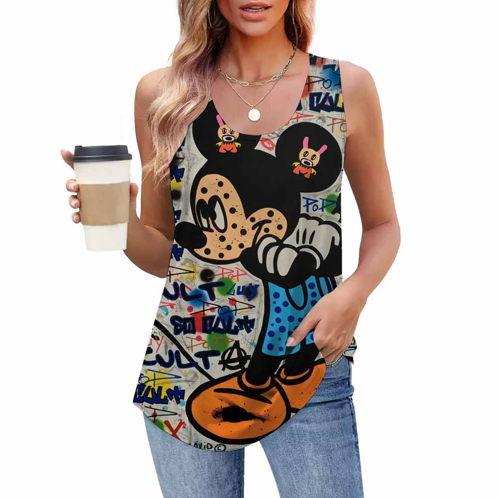 Modna koszulka z nadrukiem, casualowa, luźna, z okrągłym dekoltem, bez rękawów, odzież damska, T-shirty damskie