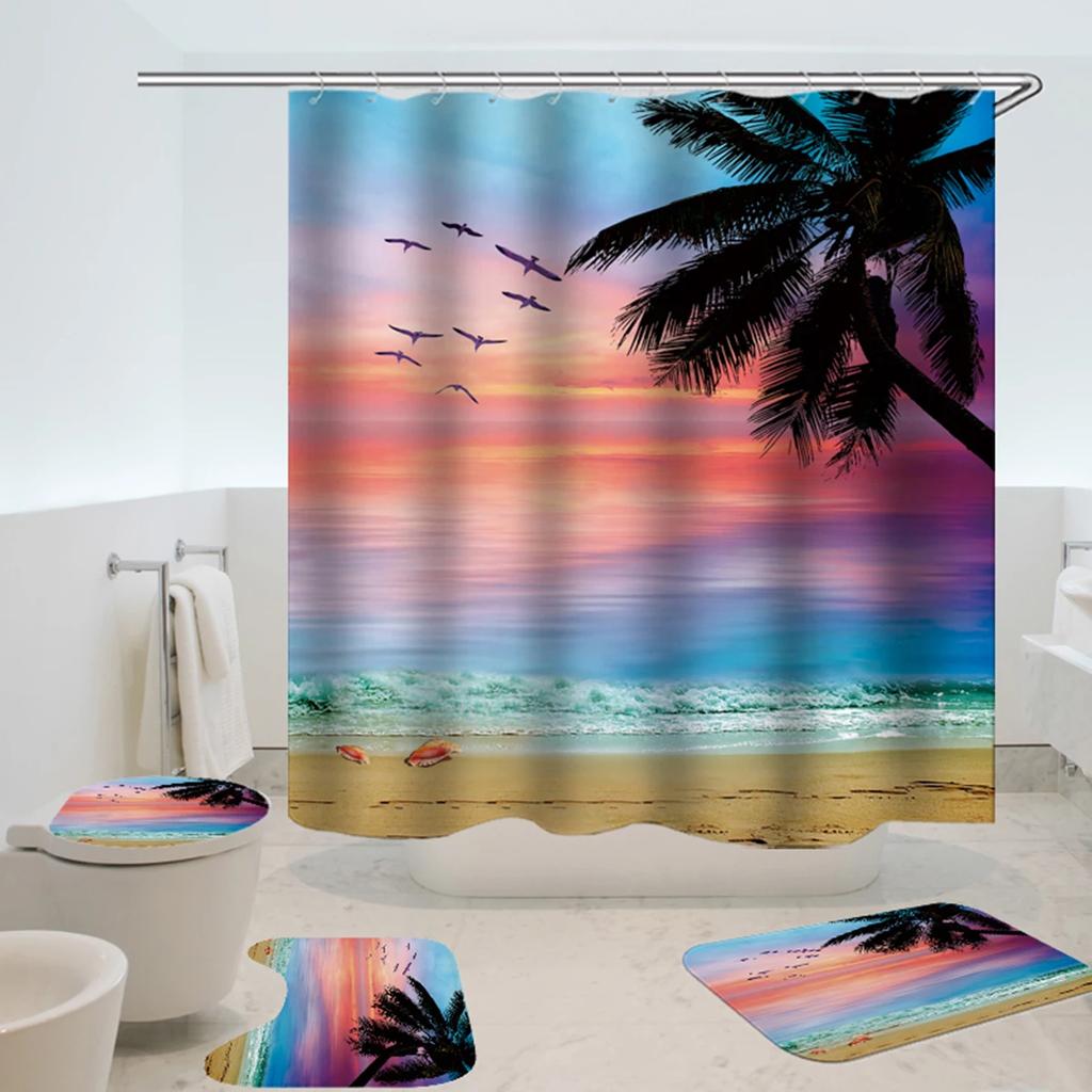 Coastal Beach Scenery 3D Printing Waterproof Shower Curtain Set Pedestal Rug Lid Toilet Cover Mat Bathroom Set With 12 Hooks
