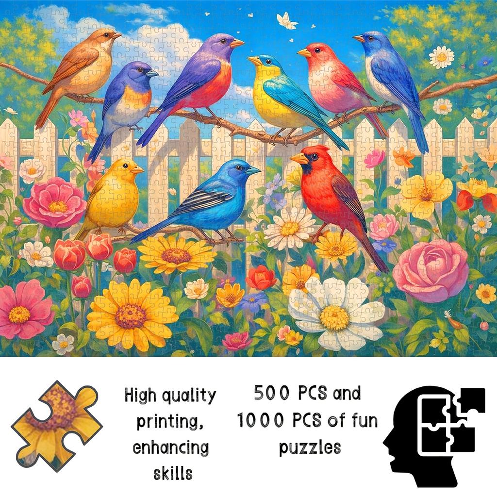 500/1000pcs Puzzle Game (Colorful Feathers Coexisting in Blooming Flowers, Clear Sky And Green Shadows Around The Fence) Suitable for Living Room Deco