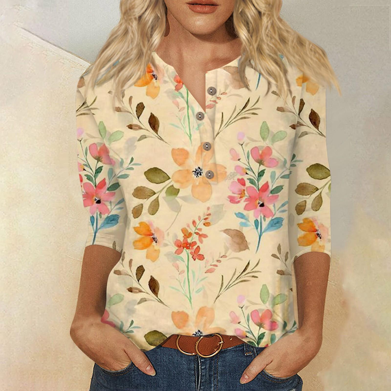 

Женская модная и повседневная новая футболка с круглым вырезом на пуговицах и рукавами 3/4, свободная футболка с принтом, женский топ XL жёлтый