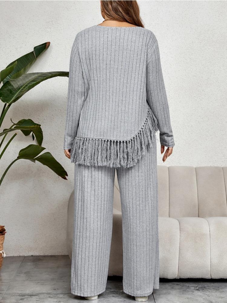 Taglie Forti Donne Stile Casa Completo Due Pezzi Autunno Casual Girocollo Maniche Lunghe Top con Orlo con Frange con Set di Pantaloni a Gamba Larga