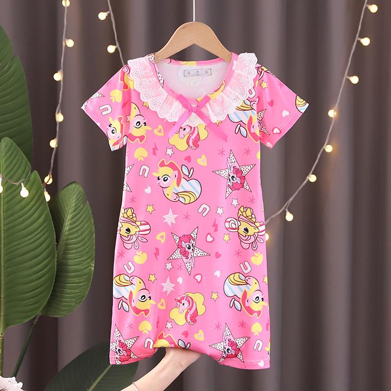 Lace Short Sleeve Cartoon Nightgown for Girls - Summer Pajamas