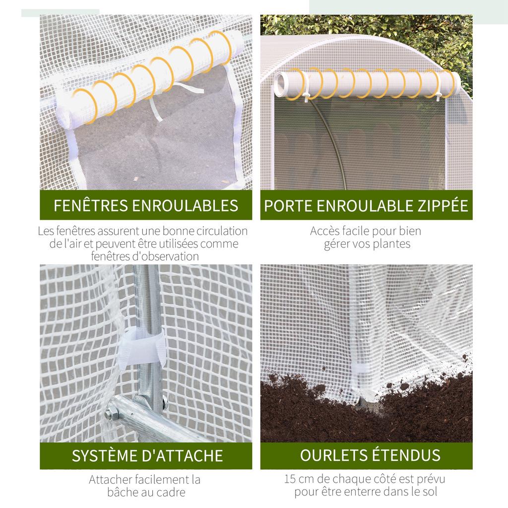 Garden Tunnel Greenhouse 8m², Tunnel Garden Greenhouse with Door and 6 Windows, PE Cover 140 G/m² 400 X 200 X 200 Cm White