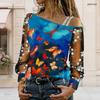 Plus Size Women Diagonal Shoulder Long Sleeve Top Retro Butterfly Floral Art Print Mesh Lace Splicing Blouse