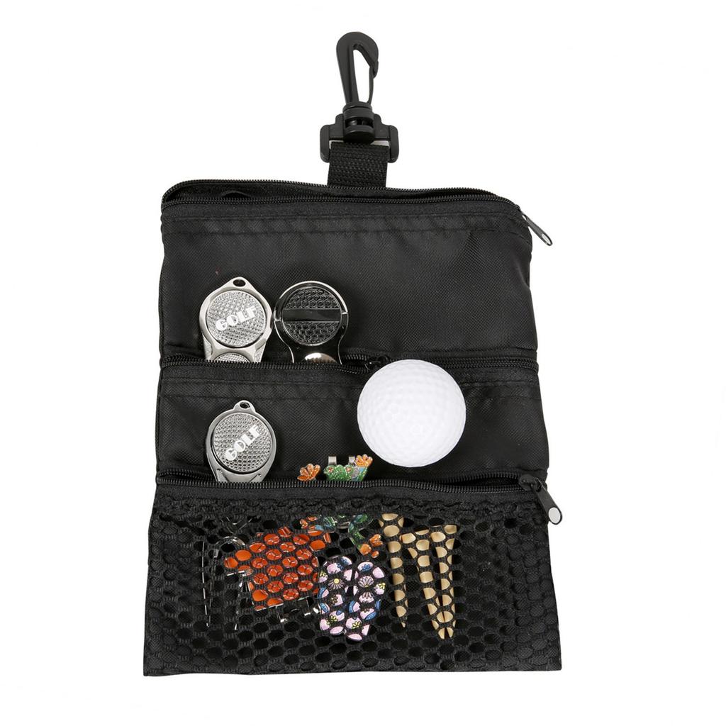 Portable Golf Ball Bag with Hooks Mini Storage Bag Golf Tee Holder with Zipper for Outdoor Sports Golfer Gift Golf Equipment