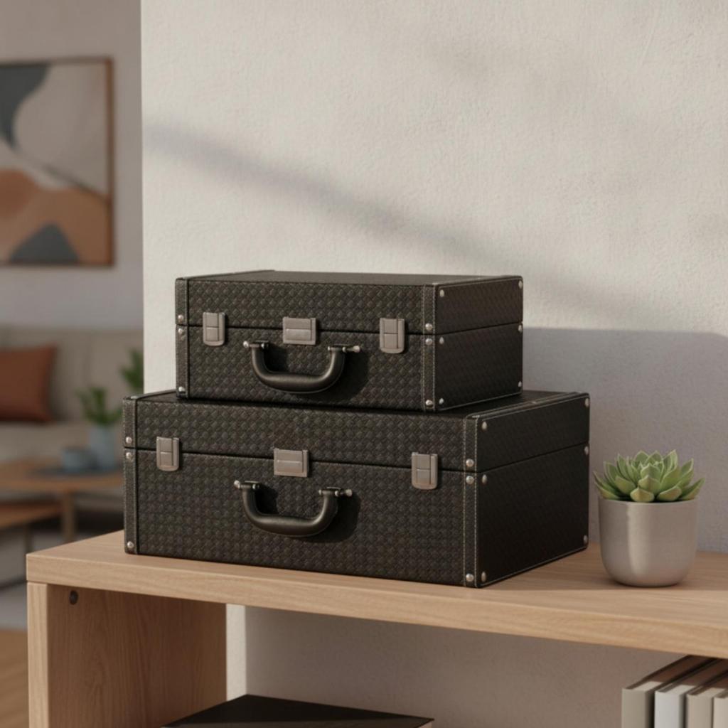 MDF Storage Chest with Front Clasps Structured DiamondPatterned Case Metal Fasteners