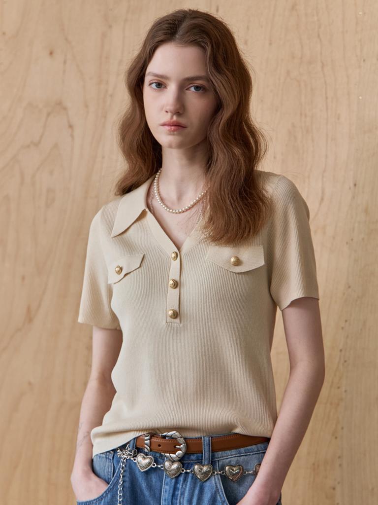 MAXZA Gold Button Open Collar V-Neck Rib Knit