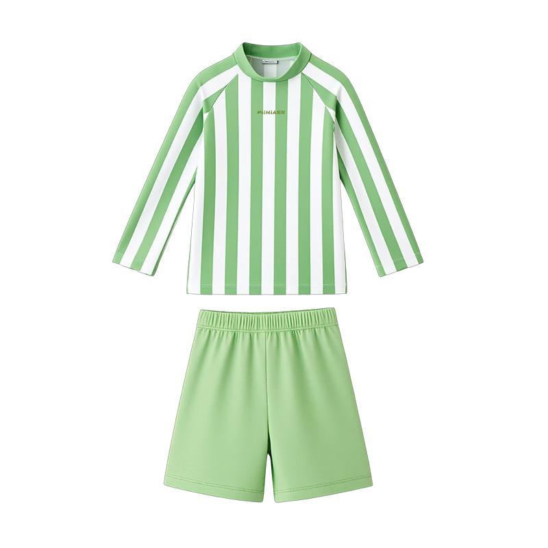 ASK JUNIOR 2026 Summer Boys Green Color-Block Stripe Split Swimsuit 110