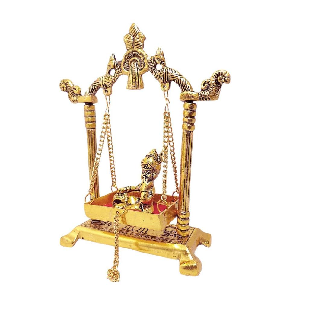 Laddu Gopal On Jhulla Palana Metal Statue Gold Plated Decor Your Home,Office Metal Krishna Murti,Showpiece Figurines,Religious Idol Gift Article.