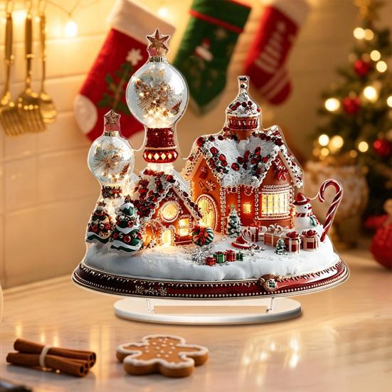 Festlicher Desktop-Schmuck für den Winter Weihnachten Acryl-Ornament, 2D Flaches verschneites Häuschen mit Sockel, Saisonal Detaillierter Druck Nikolaus Schneemann Tisch