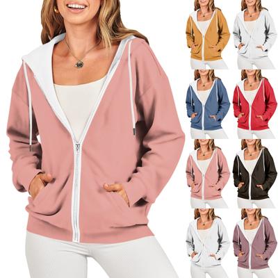 Women's Fashionable Casual Long Sleeve Solid Color Hoodies Zipper Sweatshirts Coat  With Pocket