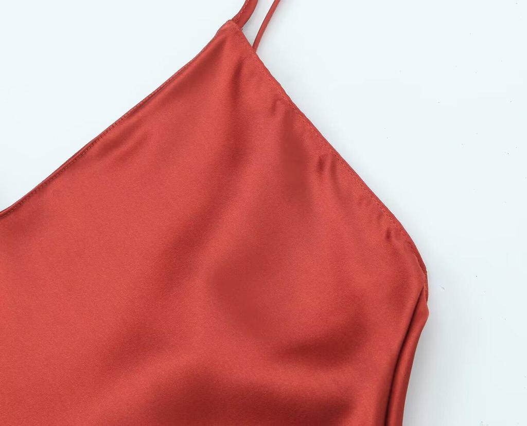 TAOP&ZA Women's Spring/Summer Elegant Silk Satin Backless V-Neck Spaghetti Strap Dress