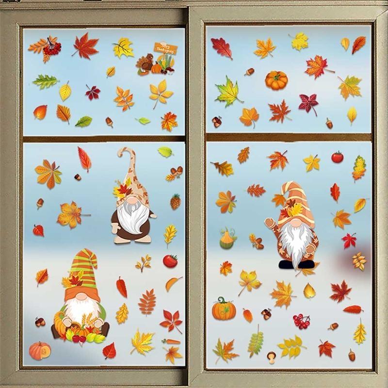62KD 6 Sheets Autumn Thanksgiving Gnomes Window Clings Decal Fall Pumpkin Maple Leaf Electrostatic Stickers Wall Decor