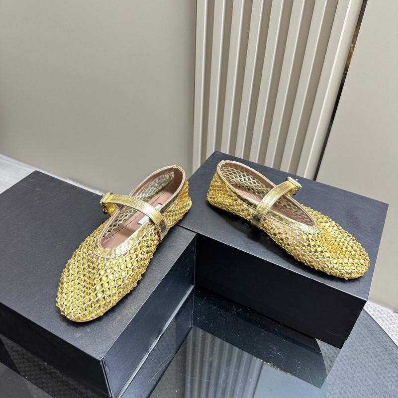 Spring and summer breathable fishing net diamond-encrusted patent leather one-word buckle with round head low-top shallow mouth Mary Jane