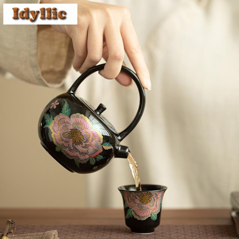 230ml Cloisonné Black Glaze Lifting Handle Teapot Japanese Tea Infuser Pot Tea Brewing Kettle With Strainer Drinkware Ornaments