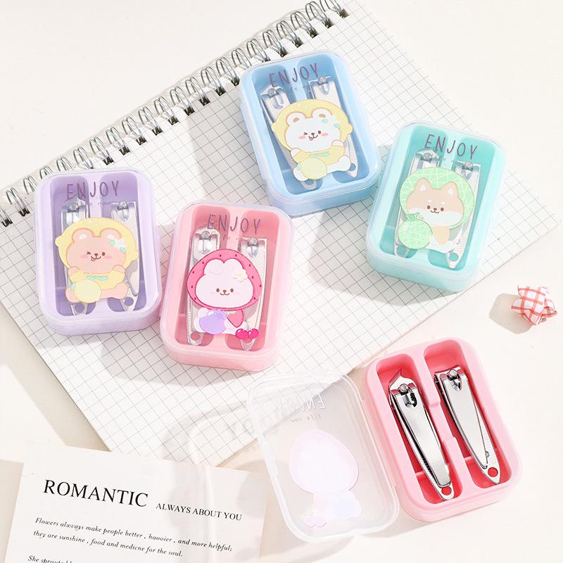 Cartoon Print Nail Clipper Set: Stainless Steel, Curved & Angled Edges for Manicure & Pedicure.